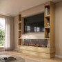 Self Build Oak Media Wall with Black 3-Sided Inset Electric Fireplace with Shelving - 50 Inch - AmberGlo
