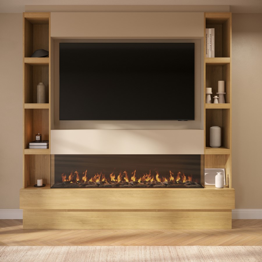 Self Build Oak Media Wall with Black 3-Sided Inset Electric Fireplace with Shelving - 50 Inch - AmberGlo