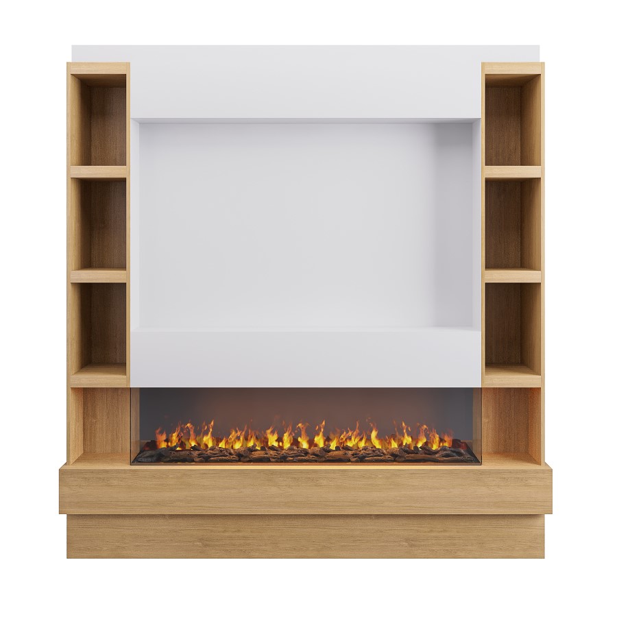 Self Build Oak Media Wall with Black 3-Sided Inset Electric Fireplace with Shelving - 50 Inch - AmberGlo
