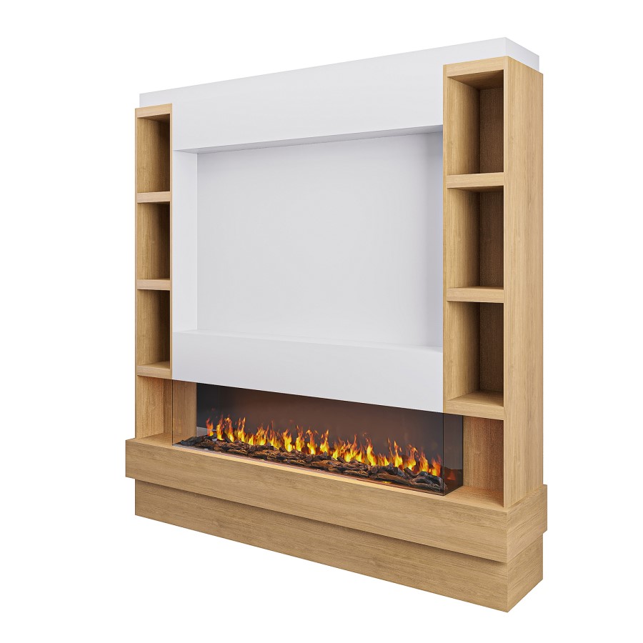 Self Build Oak Media Wall with Black 3-Sided Inset Electric Fireplace with Shelving - 50 Inch - AmberGlo