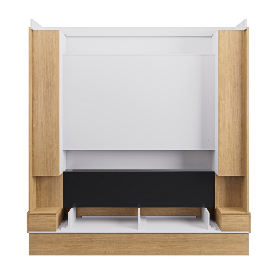 Self Build Oak Media Wall with Black 3-Sided Inset Electric Fireplace with Shelving - 50 Inch - AmberGlo