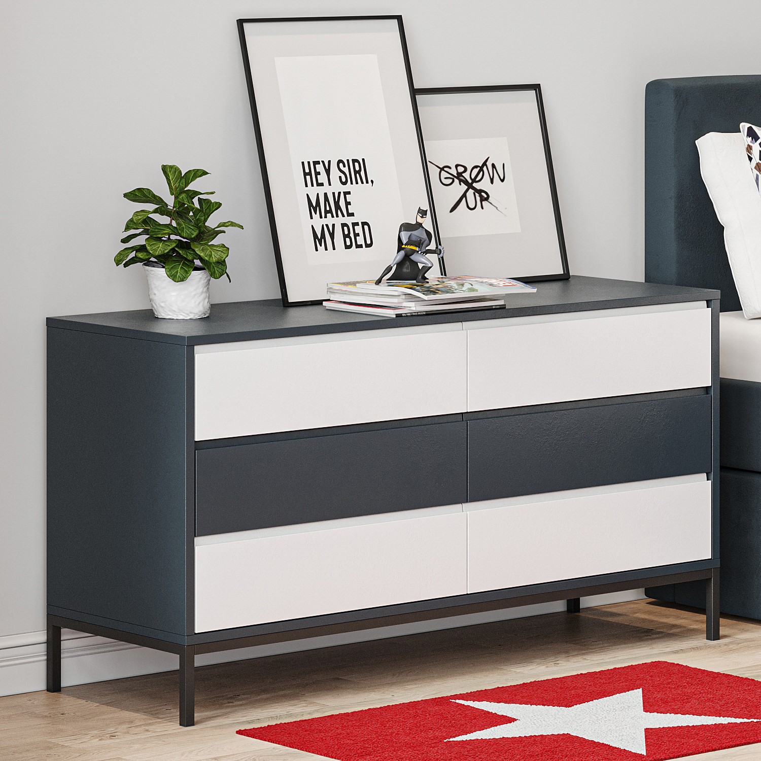 Photo of Kids wide grey retro chest of 6 drawers with legs - aiko