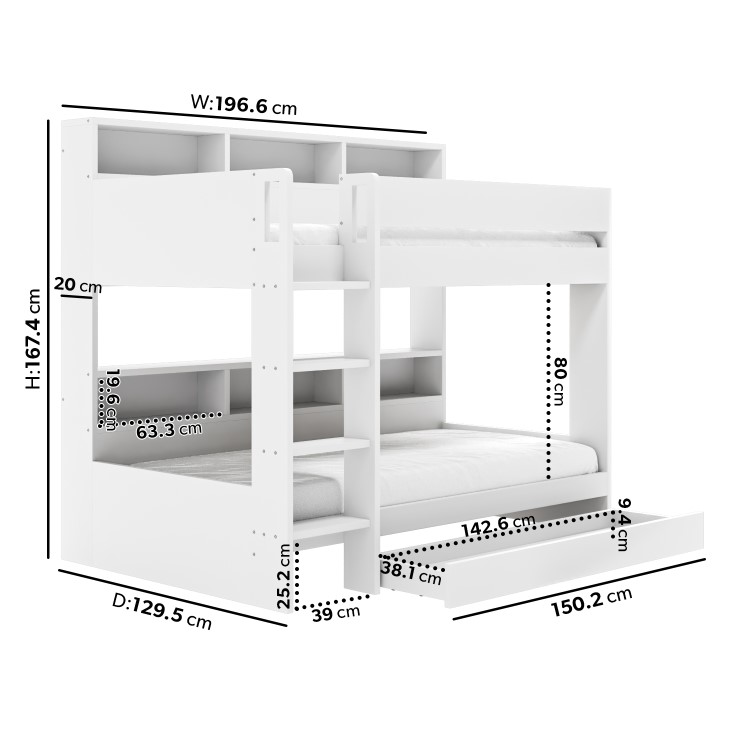 White Bunk Bed with Storage Shelves and Drawer - Aire