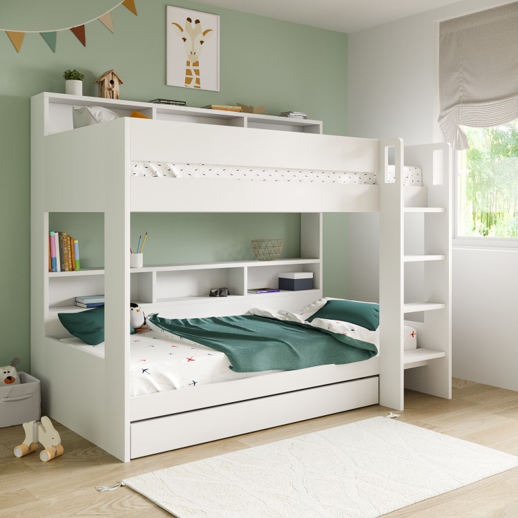 White Bunk Bed with Storage Shelves and Drawer - Aire