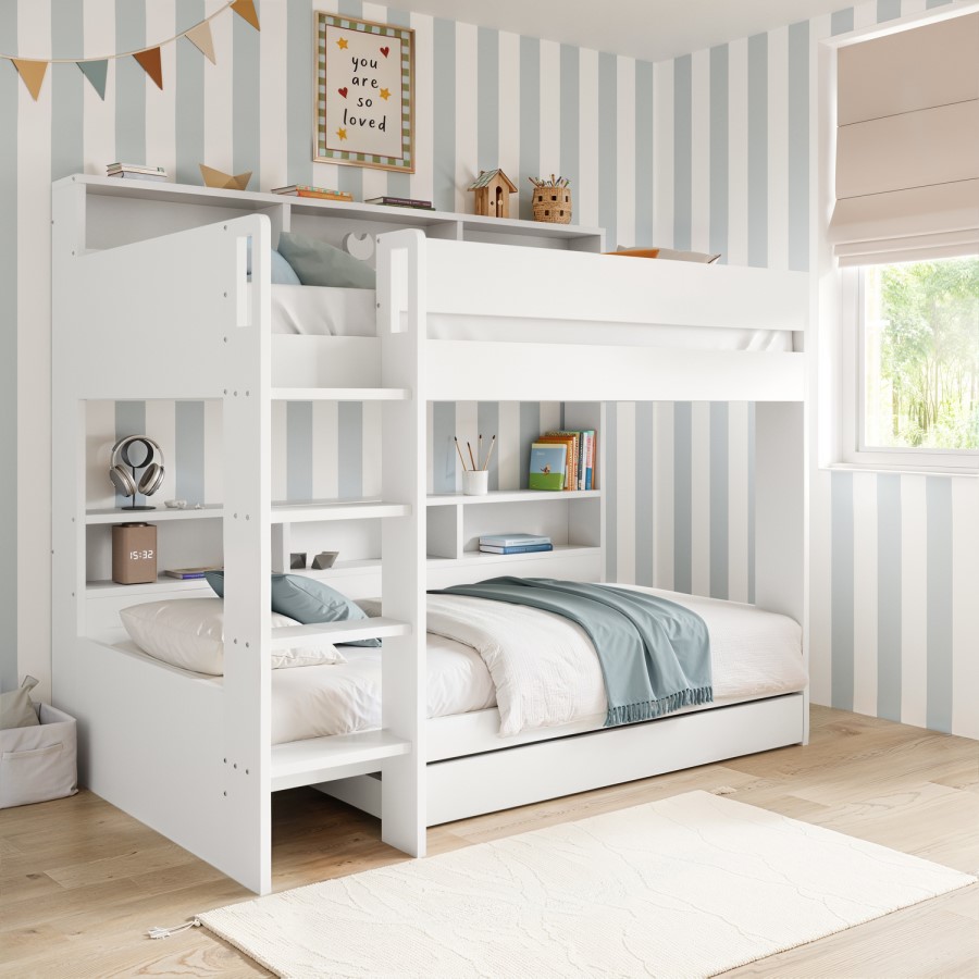 White Bunk Bed with Storage Shelves and Drawer - Aire