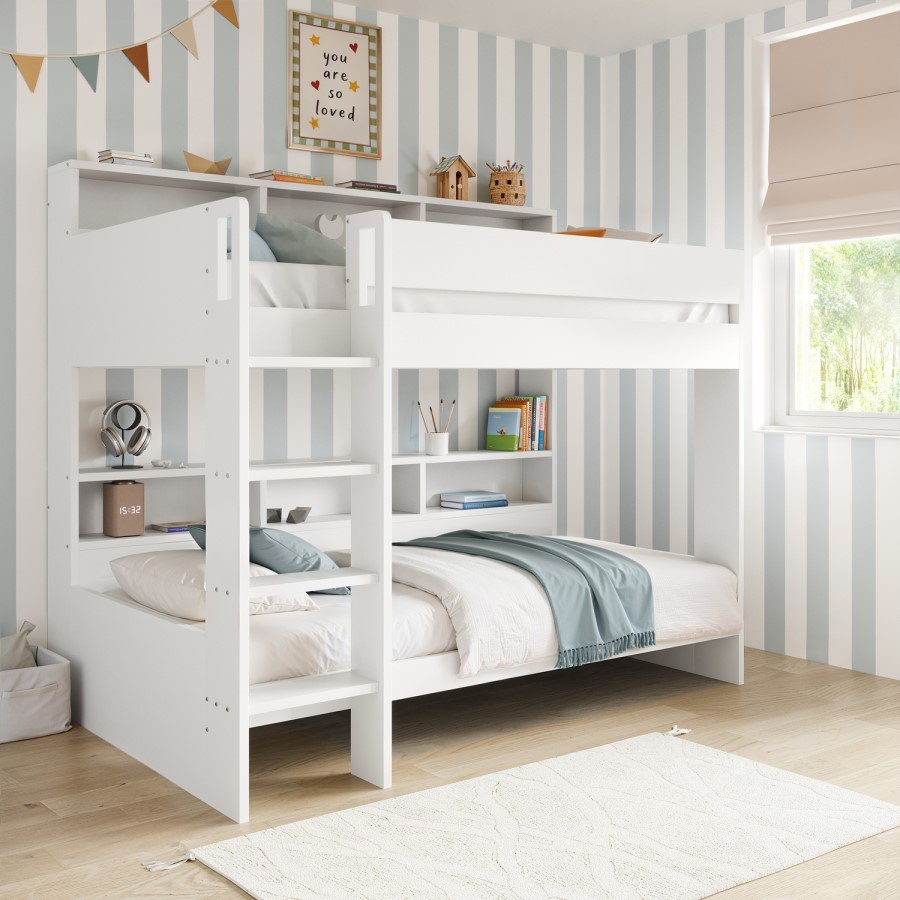 White Bunk Bed with Storage Shelves and Drawer - Aire