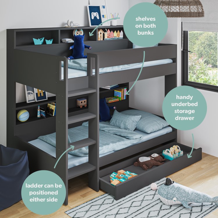 Grey Bunk Bed with Storage Shelves and Drawer - Aire