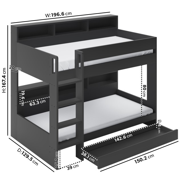 Grey Bunk Bed with Storage Shelves and Drawer - Aire