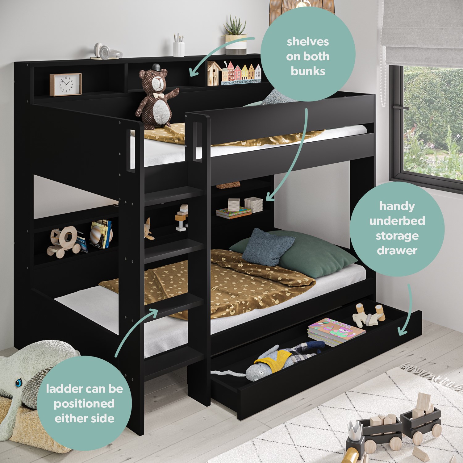 Black Bunk Bed with Storage Shelves and Drawer - Aire - Furniture123