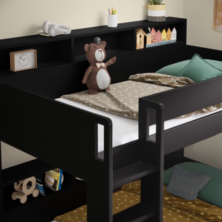 Black Bunk Bed with Storage Shelves and Drawer - Aire