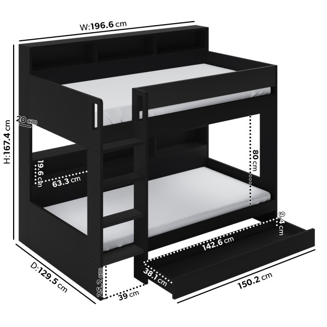 Black Bunk Bed with Storage Shelves and Drawer - Aire