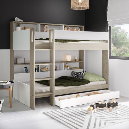 White and Oak Bunk Bed with Storage Shelves and Drawer Aire