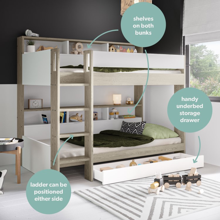 White and Oak Bunk Bed with Storage Shelves and Drawer - Aire