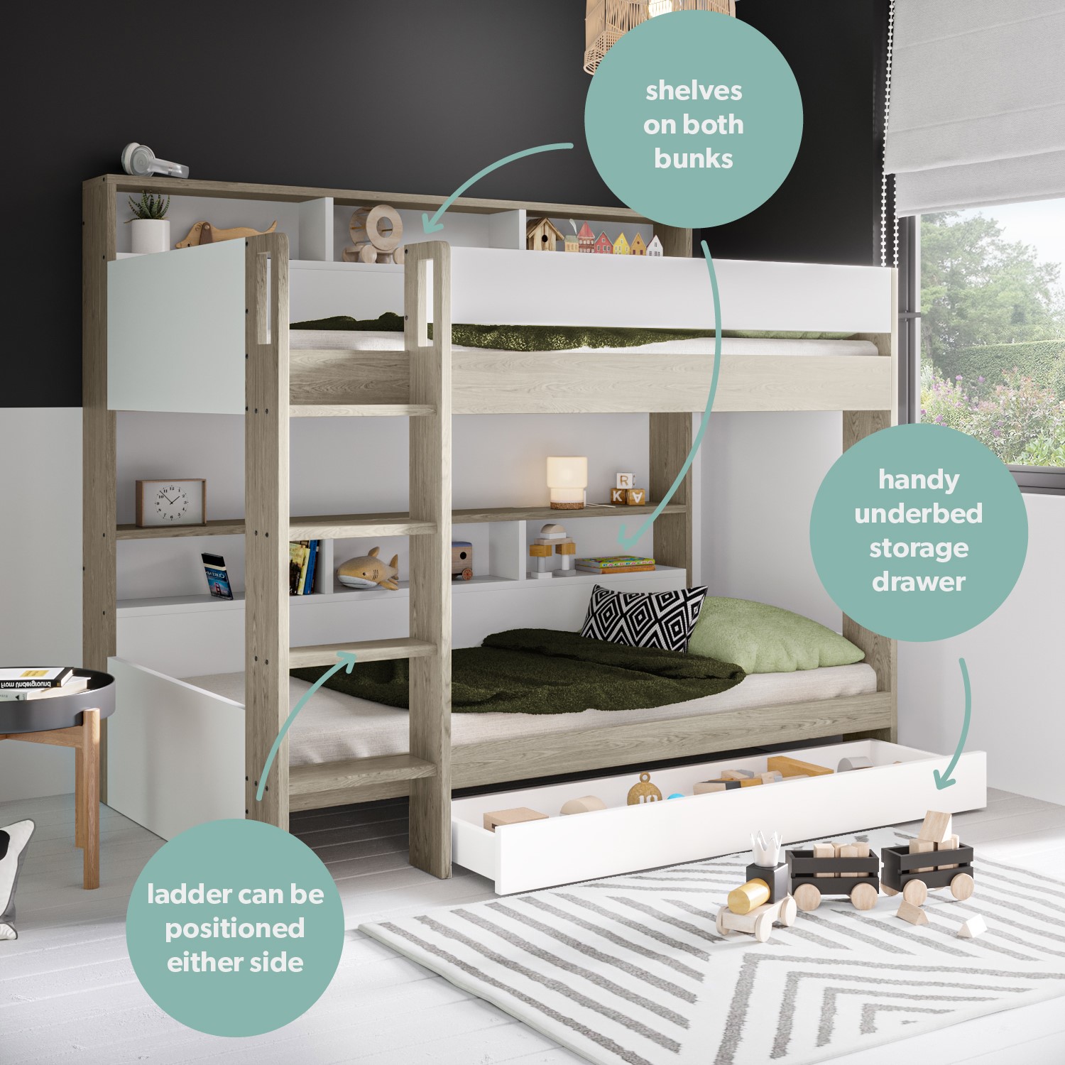 White and Oak Bunk Bed with Storage Shelves and Drawer - Aire ...