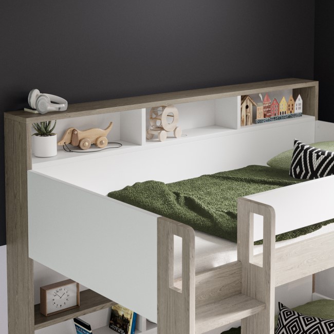 White and Oak Bunk Bed with Storage Shelves and Drawer - Aire