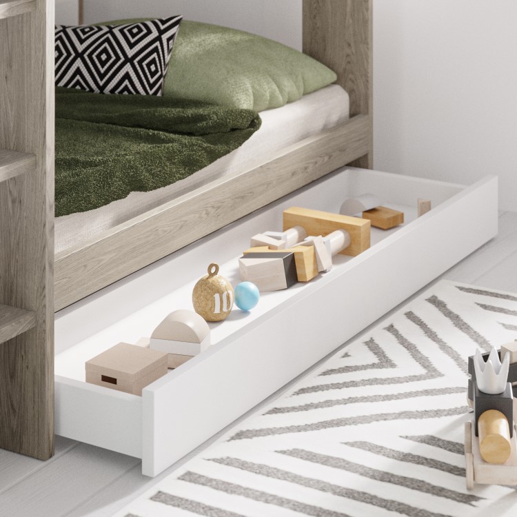 White and Oak Bunk Bed with Storage Shelves and Drawer - Aire