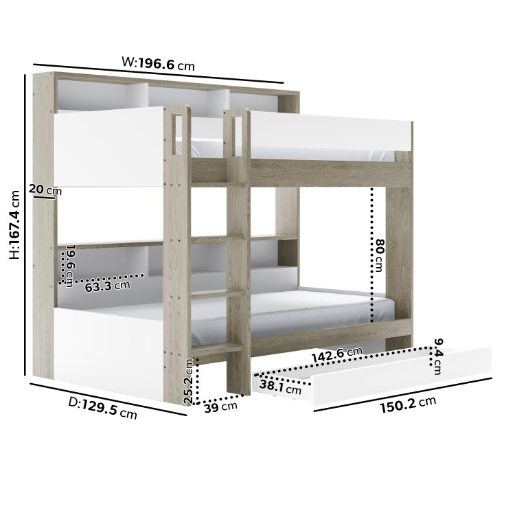 White and Oak Bunk Bed with Storage Shelves and Drawer - Aire