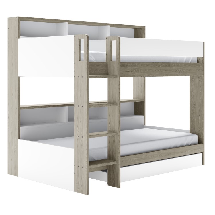 White and Oak Bunk Bed with Storage Shelves and Drawer - Aire