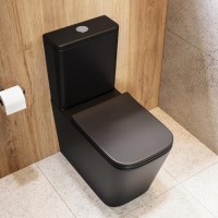 Matt Black Close Coupled Rimless Toilet with Soft Close Seat & Chrome Push Button