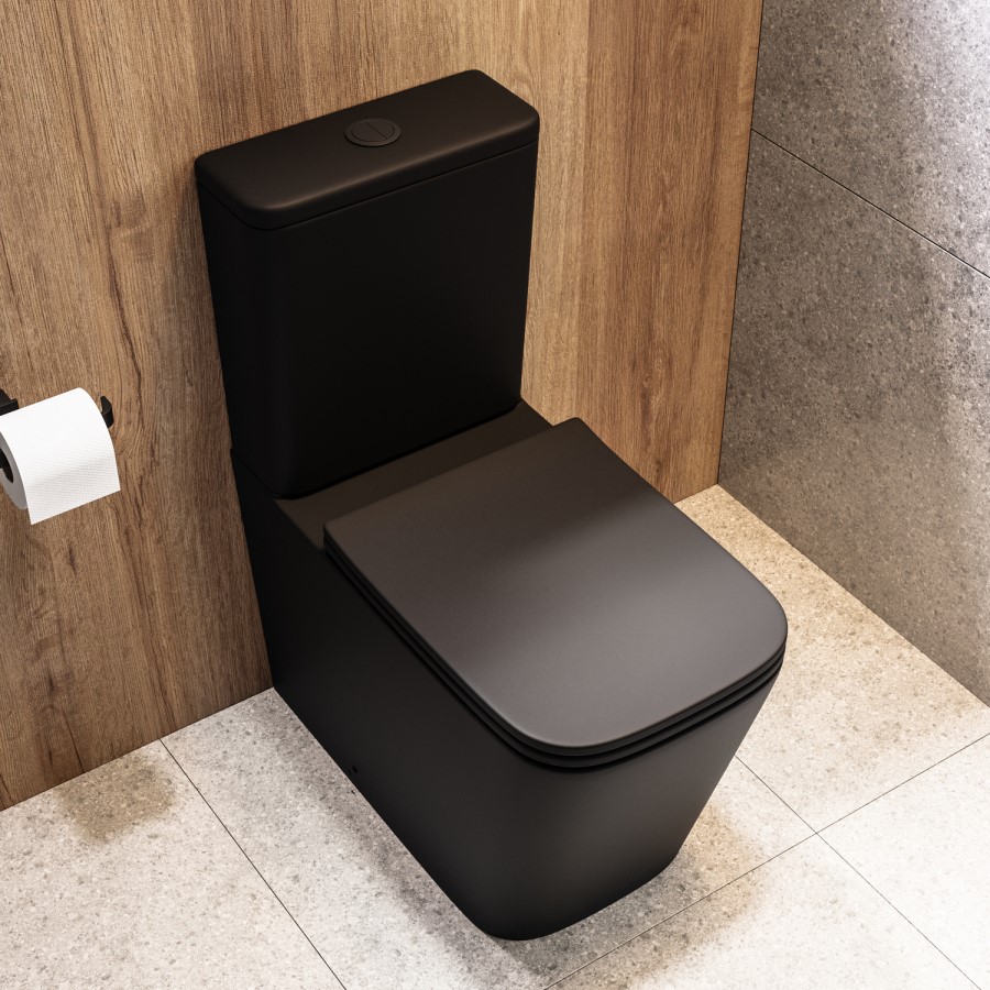 Matt Black Close Coupled Rimless Toilet with Soft Close Seat - Albi