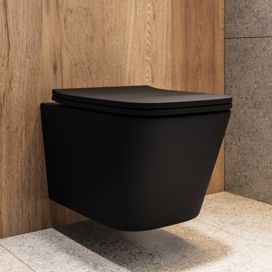 Matt Black Wall Hung Rimless Tornado Flush Toilet with Soft Close Seat - Albi