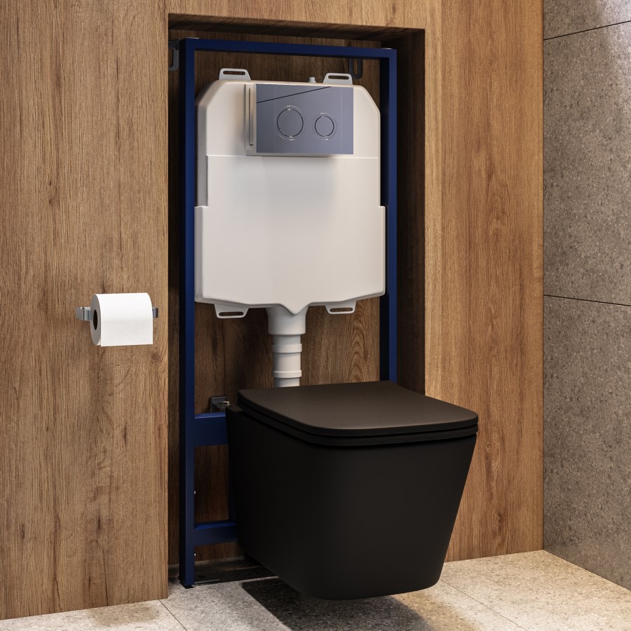 Matt Black Wall Hung Toilet with Soft Close Seat, Chrome Mechanical Flush Plate, 1160mm Frame & Cistern - Albi
