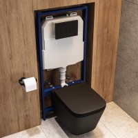 Matt Black Wall Hung Toilet with Soft Close Seat, Black Mechanical Flush Plate, 1160mm Frame & Cistern - Albi