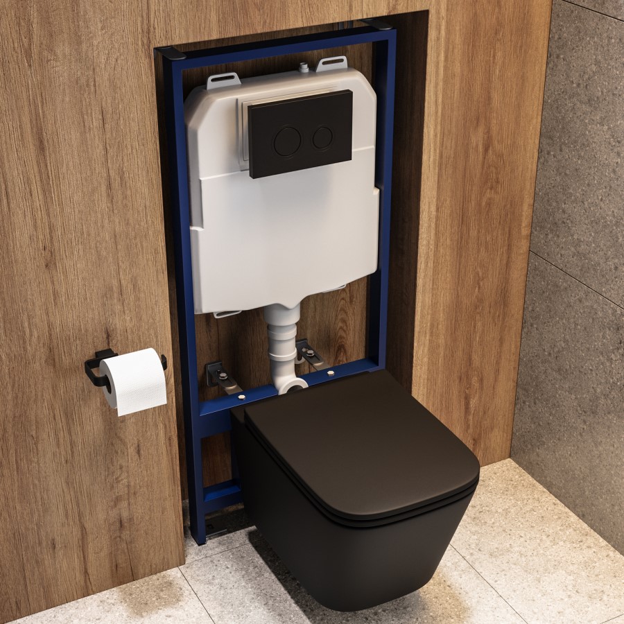 Matt Black Wall Hung Toilet with Soft Close Seat, Black Mechanical Flush Plate, 1160mm Frame & Cistern - Albi