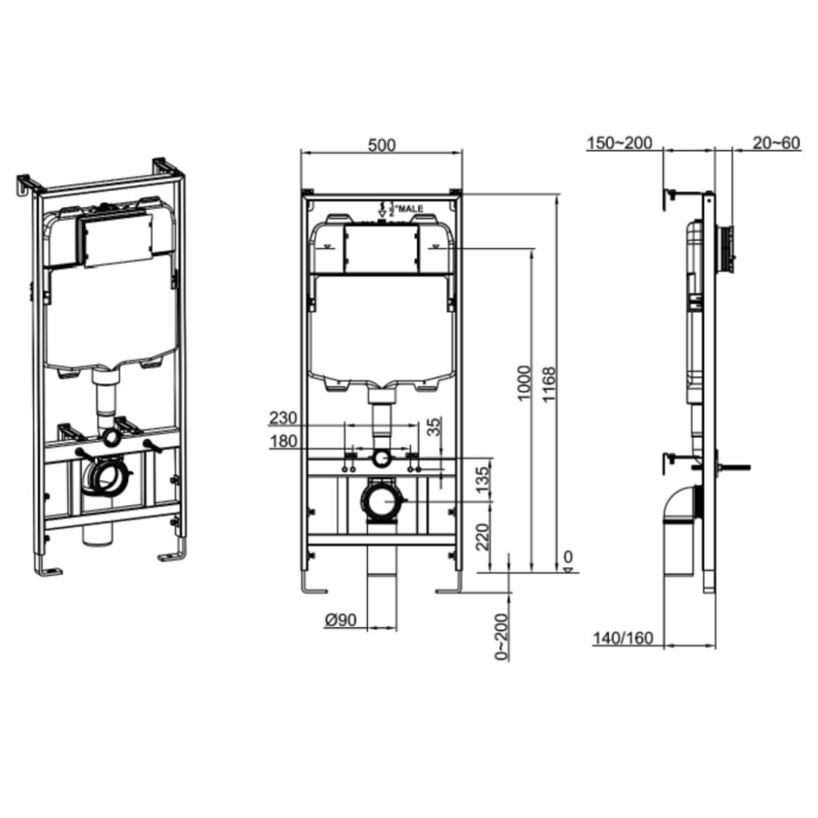 Matt Black Wall Hung Toilet with Soft Close Seat, Brass Mechanical Flush Plate, 1160mm Frame & Cistern - Albi