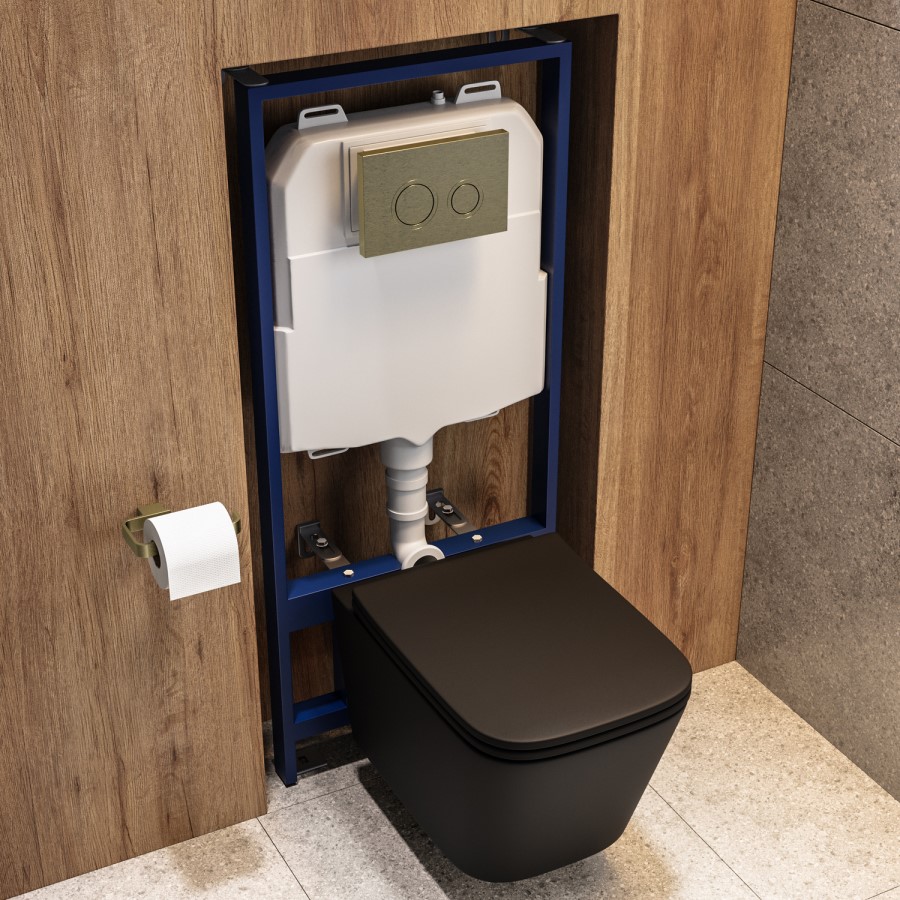 Matt Black Wall Hung Toilet with Soft Close Seat, Brass Mechanical Flush Plate, 1160mm Frame & Cistern - Albi
