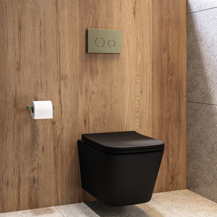 Matt Black Wall Hung Toilet with Soft Close Seat, Brass Mechanical Flush Plate, 1160mm Frame & Cistern - Albi