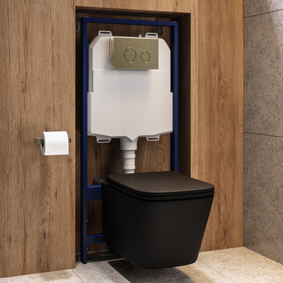 Matt Black Wall Hung Toilet with Soft Close Seat, Brass Mechanical Flush Plate, 1160mm Frame & Cistern - Albi