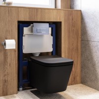 Matt Black Wall Hung Toilet with Soft Close Seat, Chrome Pnuematic Flush Plate, 820mm Frame & Cistern - Albi