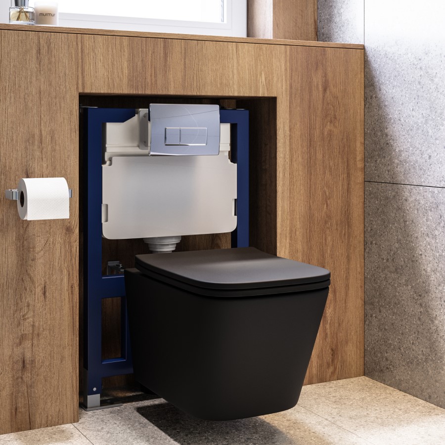 Matt Black Wall Hung Toilet with Soft Close Seat, Chrome Pnuematic Flush Plate, 820mm Frame & Cistern - Albi