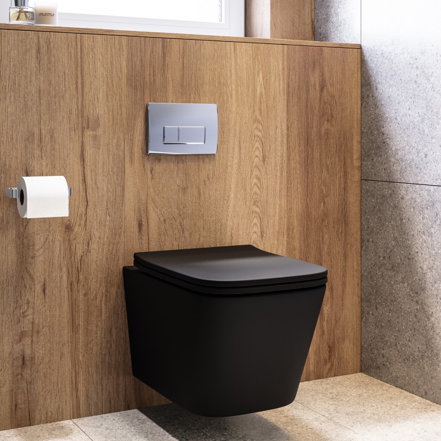 Matt Black Wall Hung Toilet with Soft Close Seat, Chrome Pnuematic Flush Plate, 820mm Frame & Cistern - Albi