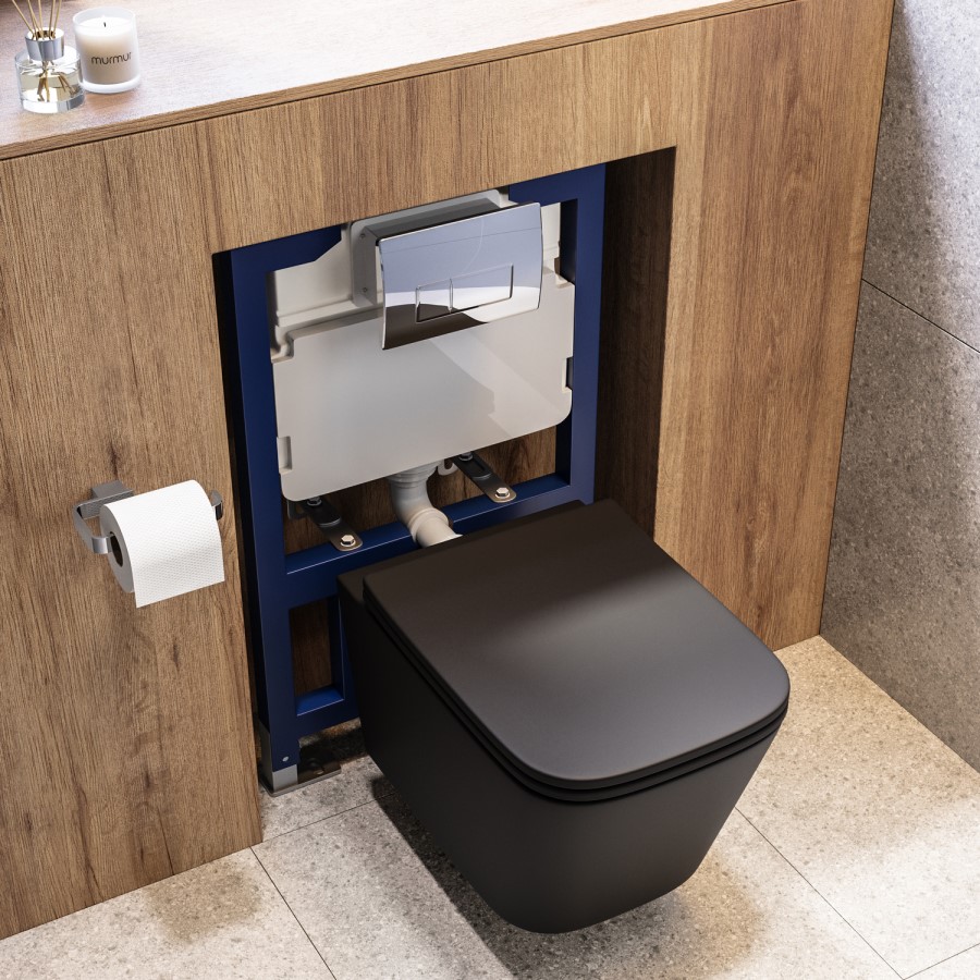 Matt Black Wall Hung Toilet with Soft Close Seat, Chrome Pnuematic Flush Plate, 820mm Frame & Cistern - Albi