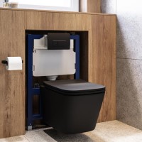 Matt Black Wall Hung Toilet With Soft Close Seat, Black Pnuematic Flush Plate, 820mm Frame & Cistern - Albi