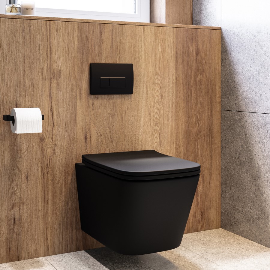 Matt Black Wall Hung Toilet With Soft Close Seat, Black Pnuematic Flush Plate, 820mm Frame & Cistern - Albi