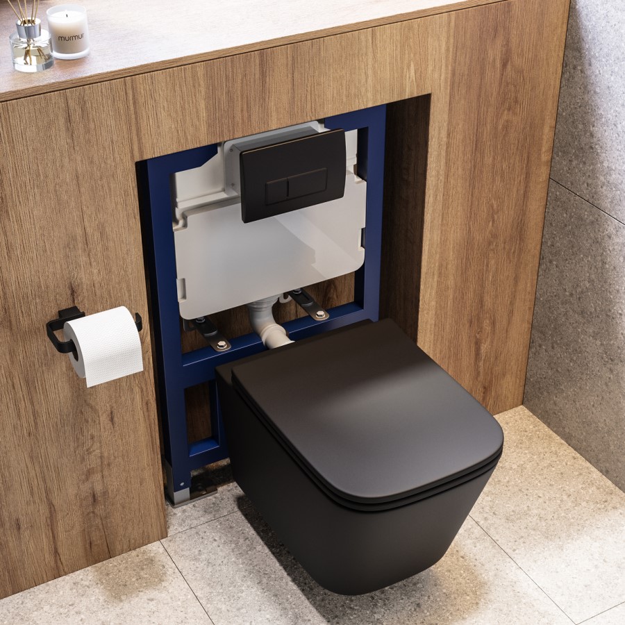 Matt Black Wall Hung Toilet With Soft Close Seat, Black Pnuematic Flush Plate, 820mm Frame & Cistern - Albi