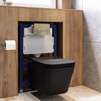 Matt Black Wall Hung Toilet with Soft Close Seat, Brass Pnuematic Flush Plate, 820mm Frame & Cistern - Albi