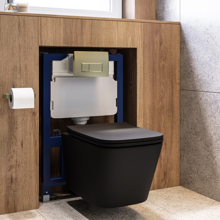 Matt Black Wall Hung Toilet with Soft Close Seat, Brass Pnuematic Flush Plate, 820mm Frame & Cistern - Albi