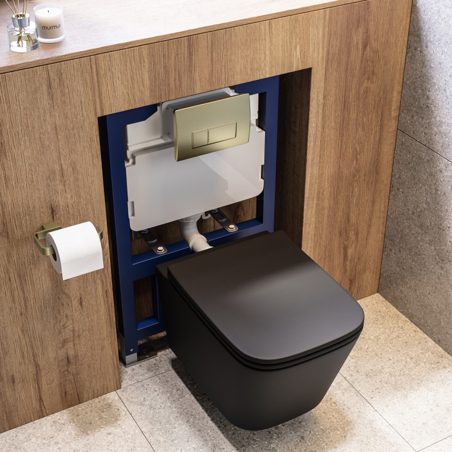 Matt Black Wall Hung Toilet with Soft Close Seat, Brass Pnuematic Flush Plate, 820mm Frame & Cistern - Albi