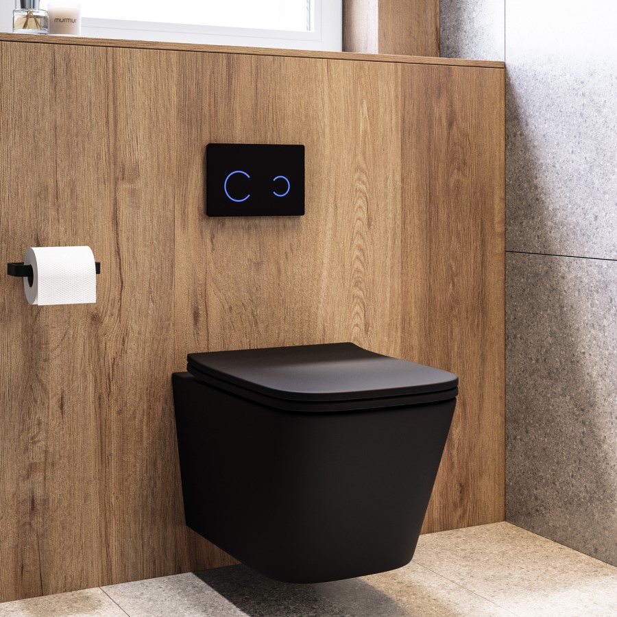 Matt Black Wall Hung Toilet with Soft Close Seat, Black Glass Sensor Flush Plate, 820mm Frame & Cistern - Albi