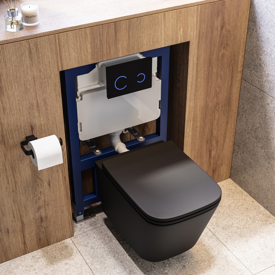Matt Black Wall Hung Toilet with Soft Close Seat, Black Glass Sensor Flush Plate, 820mm Frame & Cistern - Albi