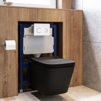 Matt Black Wall Hung Toilet with Soft Close Seat, White Glass Sensor Flush Plate, 820mm Frame & Cistern - Albi