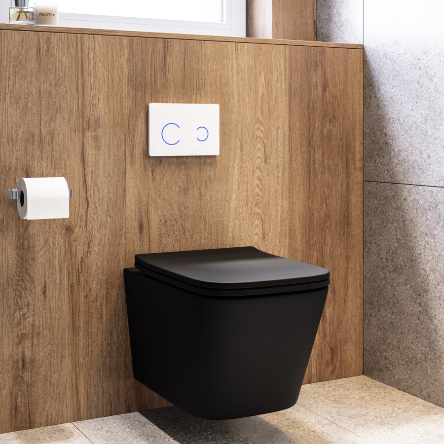 Matt Black Wall Hung Toilet with Soft Close Seat, White Glass Sensor Flush Plate, 820mm Frame & Cistern - Albi