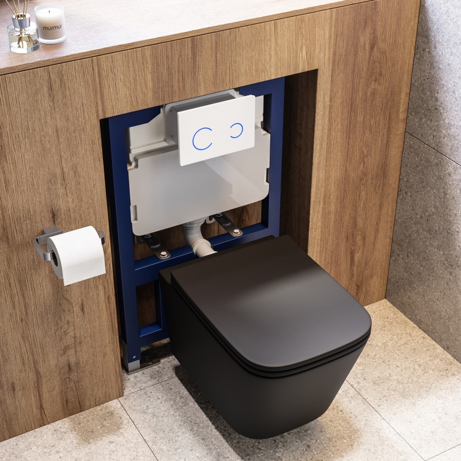 Matt Black Wall Hung Toilet with Soft Close Seat, White Glass Sensor Flush Plate, 820mm Frame & Cistern - Albi