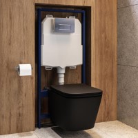Matt Black Wall Hung Toilet with Soft Close Seat, Chrome Pnuematic Flush Plate, 1160mm Frame & Cistern - Albi