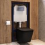 Matt Black Wall Hung Toilet with Soft Close Seat, Chrome Pnuematic Flush Plate, 1160mm Frame & Cistern - Albi