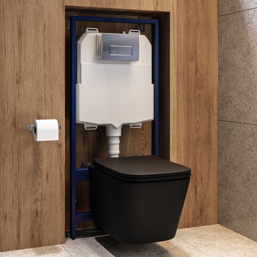 Matt Black Wall Hung Toilet with Soft Close Seat, Chrome Pnuematic Flush Plate, 1160mm Frame & Cistern - Albi